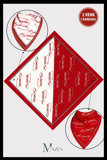 Baumwoll-Bandana-Schal mit Atatürk-Signatur | Beidseitig nutzbar | 2 Farben 1 Bandana | Mehrzweck