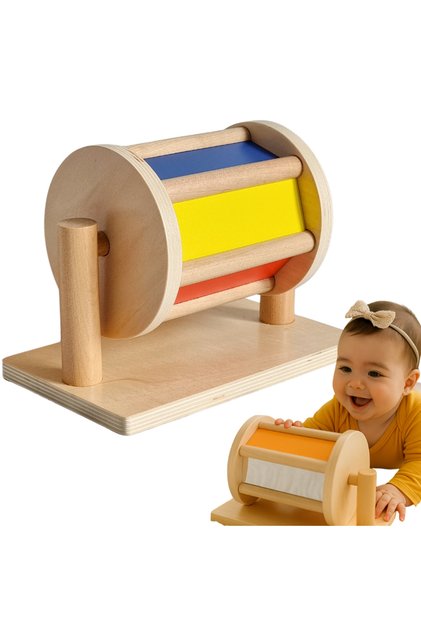 Zornaitoare Montessori din lemn pentru bebelusi – tambur din lemn cu bila zornaitoare si oglinda