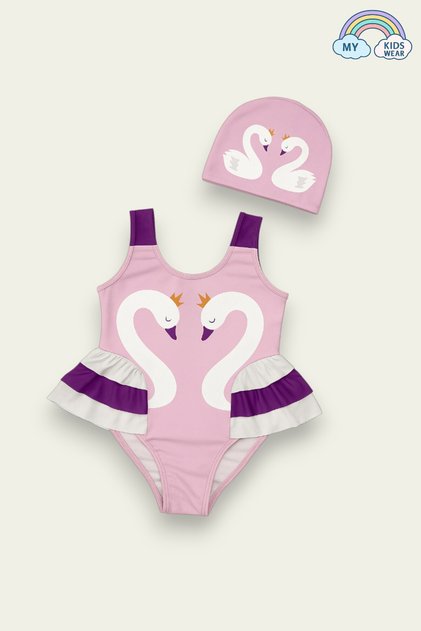 Elegant Swan Print Three Layers Ruffle Detailed Boned Girls' Swimsuit