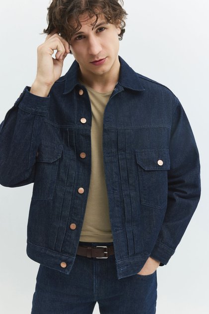 Rahat Fit Klasik Piliseli Koyu İndigo Erkek Jean Ceket