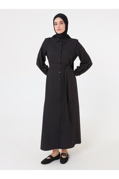 Lace-Up Detailed Crepe Fabric Hijab Dress - Black - Refka
