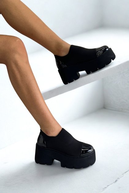 Pantofi damă P9064, stretch, cu talpă groasă, negri