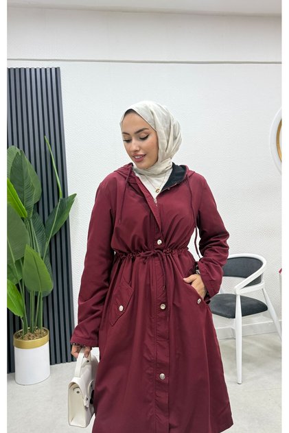 Lace-up Waist Trench Coat BRC1906 Claret Red