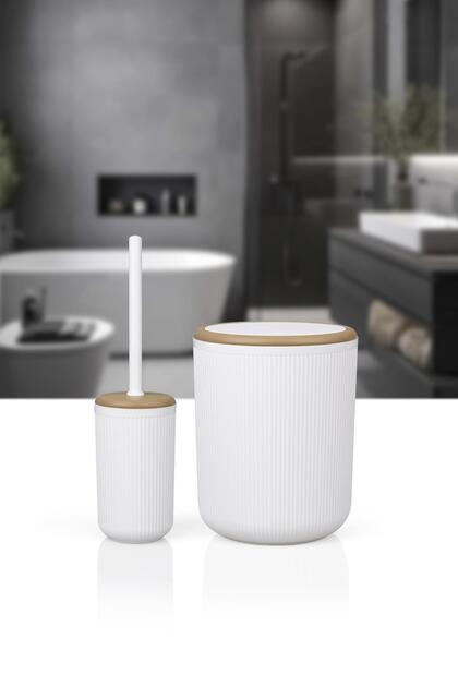 Okyanus Home Linea Due Kırık Beyaz Çizgili Yuvarlak 2'li Wc Kova