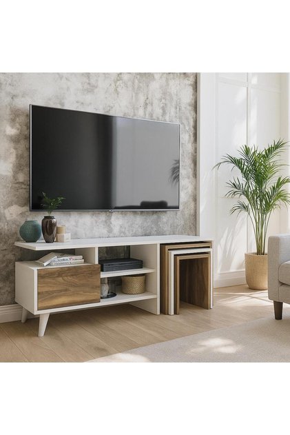 Nature Zigon Sehpalı Tv Ünitesi/Düşer Kapaklı Raflı Tv Sehpası - Beyaz Ceviz