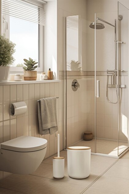 Okyanus Home Linea Due Kırık Beyaz Çizgili Yuvarlak 2'li Wc Kova