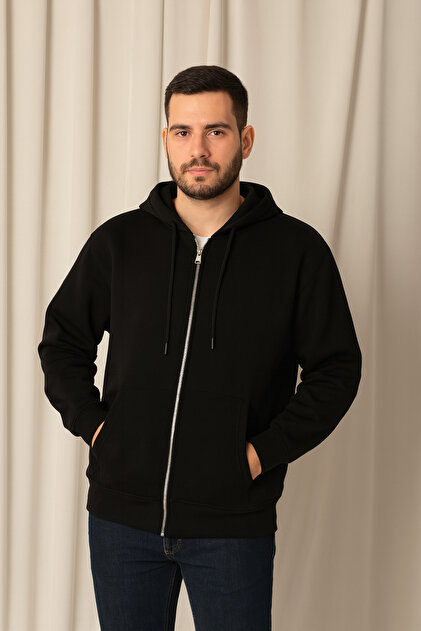 Erkek Fermuarlı Kapüşonlu Sweatshirt Pamuklu İçi Polarlı Kanguru Cepli Siyah