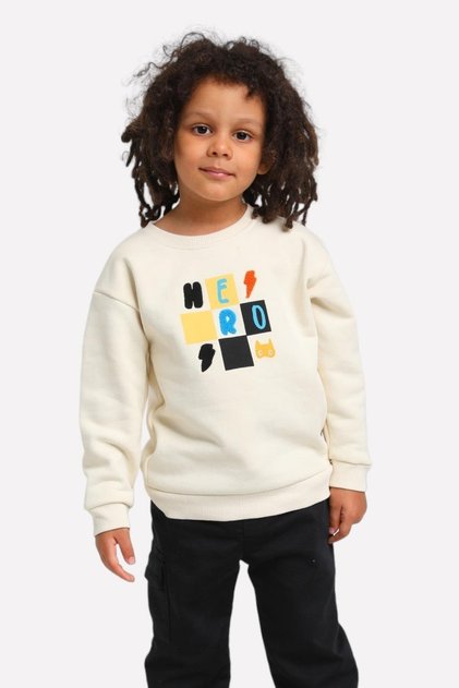 Jacklions Baby Boy 1-5 Years Old Embroidered Åž Fleece-Lined Sweatshirt 1693 Stone Color