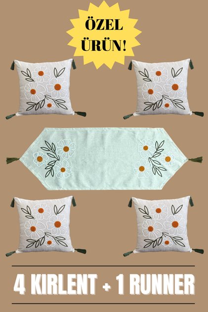 Punch Embroidered 5-Piece Elegance Set – 4 Throw Pillows & 1 Runner | Stylish & Decorative
