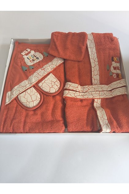 5-Piece Bathrobe Set 0-2 Years Old 100% Organic Cotton (Bathrobe+Bath Towel+Bath Scrub+Belt+Slippers)