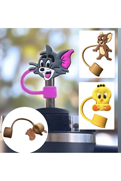 Termos uyumlu 3 Adet (10MM) Toz Geçirmez Tom Jerry Twittiy Figürlü Quencher Pipet Tıpası Kapağı