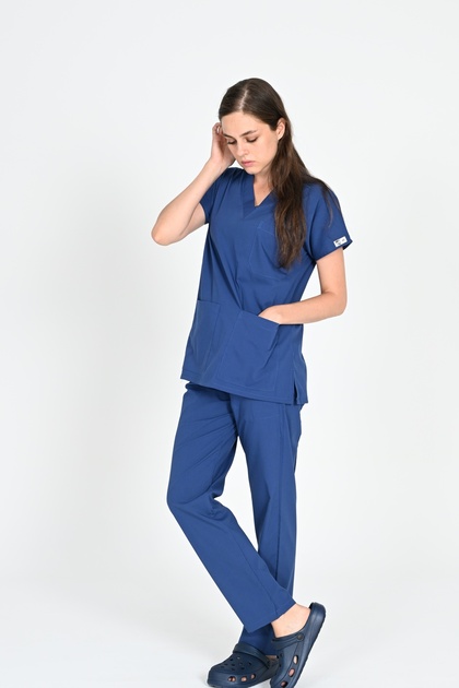 Indigo Cotton Lycra Unisex Bat Sleeve Nurse and Doctor Uniform Set Hospital Uniform