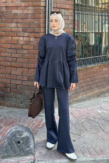 Flounce Detailed Double Scuba Suit Navy Blue