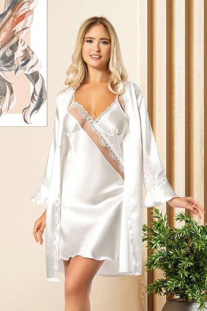 2023 Women's Lace Detailed Satin String Strap Short Nightgown Dressing Gown Set-White
