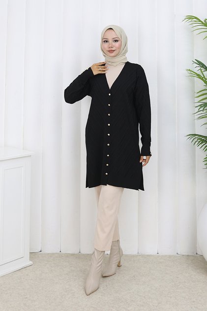 Patterned Long Mercerized Cardigan N3198 Black