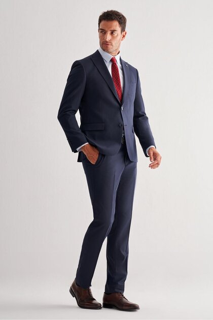 Navy Blue Swallow Collar 6 Drop Slim Fit Full Lining Flexible Suit 1001255157