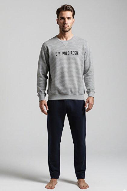 Men's Long Sleeve Grey Melange Color Crew Neck Straight Leg Pajama Set C4T3N981