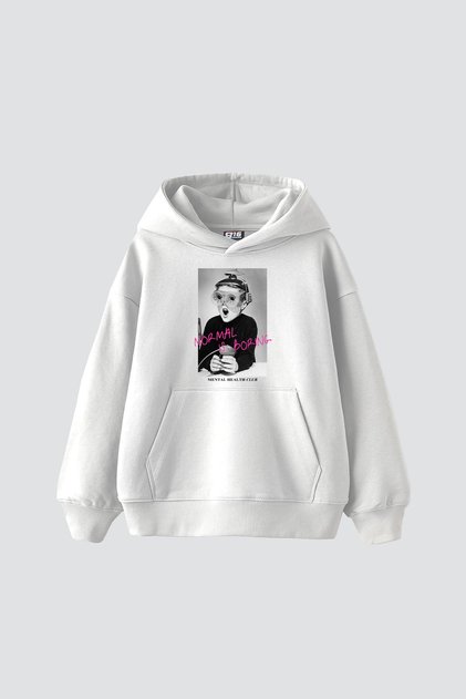 Normal Is Boring Vintage Printed Oversize Unisex White Hoodie