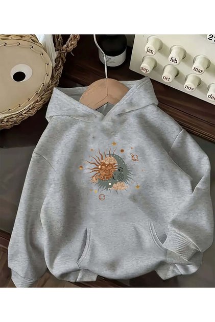 Planet and Sun Print Detailed Fleece Lined Hooded Sweatshirt