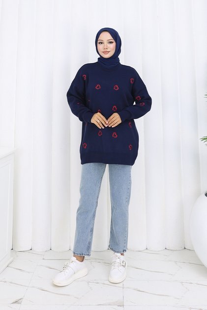 Heart Embroidered Knitwear Sweater N3254 Navy Blue