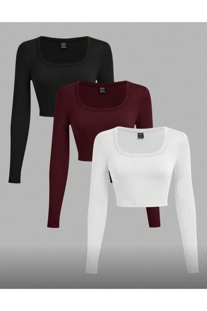 Kadın 3'Lü Paket Pamuklu Vücudu saran fitilli kumaş KARE YAKA UZUN KOLLU crop bluz