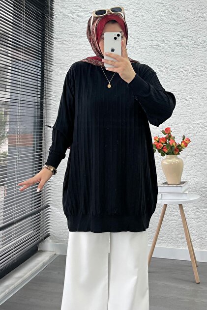 MELEK ARAZ Fitilli Merserize Oversize Kadın Kazak - Siyah - Fiyatı