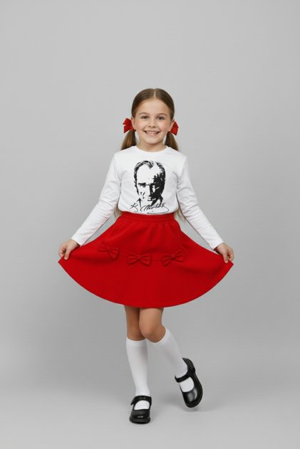 Girl's White Long Sleeve Ataturk T-Shirt with Red Bow Skirt October 29 April 23 Show Outfit