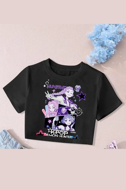 K-Pop Demon Hunters Huntrix Printed Cropped Crop Top Slim Fit