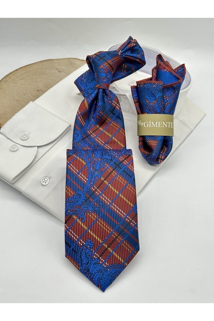 Classic Tie with Orange Cobalt Blue Patterned Handkerchief