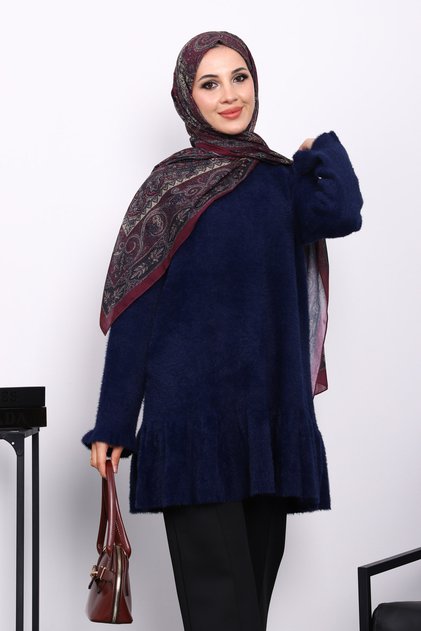 Navy Blue Flounce Angora Soft Knit Tunic