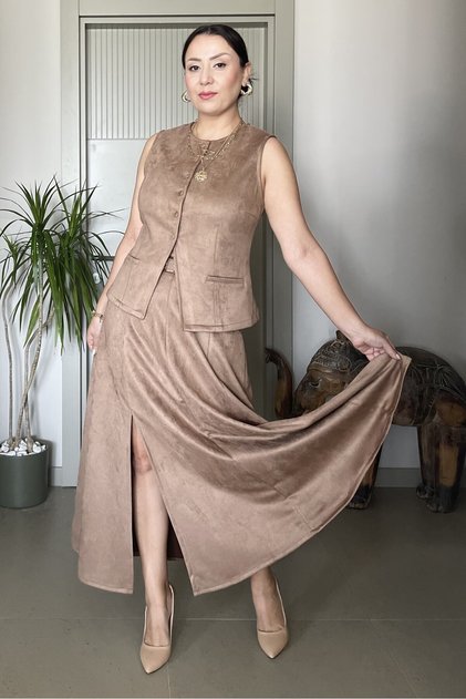 Suede Vest Skirt Set with Belt and Slit Midi Length