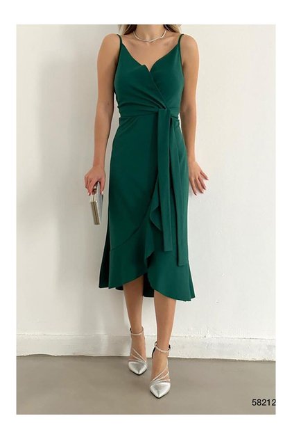 Green Flounced Midi Belted Dress