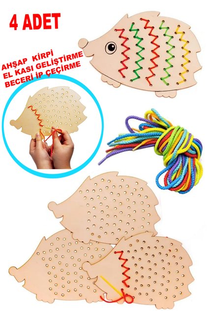 4 Pieces Wooden Hedgehog Educational Stringing Drawing Painting Threading Montessori Hand Muscle Development Activity