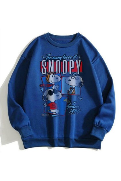 Mavi İki İplik Unisex Sweatshirt Snoopy Dtf Baskılı Hafif Bol Kesim