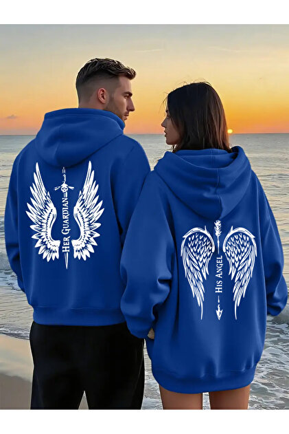 Sevgili Çift Kombini Angel and Guardian Baskılı Özel Tasarım Kapüşonlu Sweatshirt 2li Set Takım