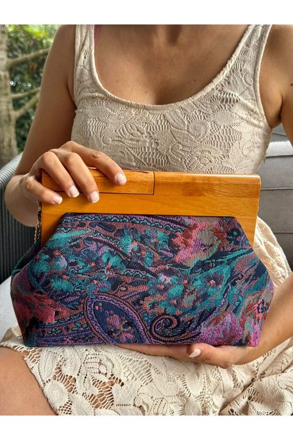 Penalope Collection - Zincirli, Ahşap Burslu Kumaş Çanta, Clutch, El Çantası, Çanta