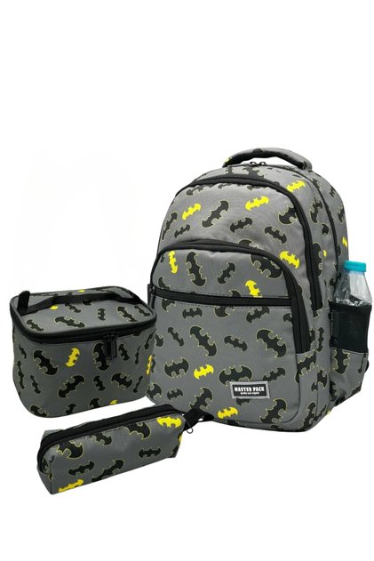 Boys' Primary School Orthopedic Bat Gray 3-Piece Bag Set with 4 Compartments, Water Bottle Compartment, Lunch Compartment and Pen Holder 571