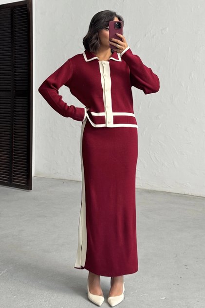 Women's Burgundy Stylish Pearl Button Detailed Cardigan Skirt Bottom Top Knitwear Set