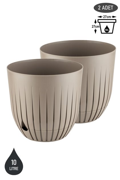 2 Adet Çizgi Saksı 10 Litre Plastik Delikli Tabaklı Çiçek Saksısı