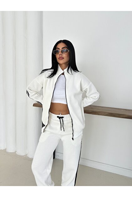 Oversized Striped Detail Cardigan Tracksuit Set