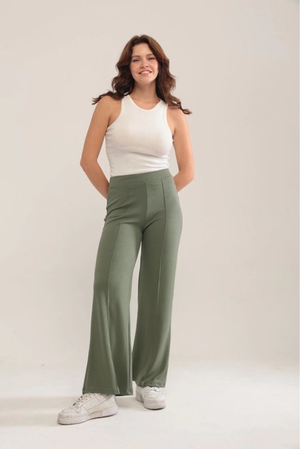 Women's Khaki Modal Wide Leg Striped High Waist Soft Textured Lycra Trousers with Elastic Waist