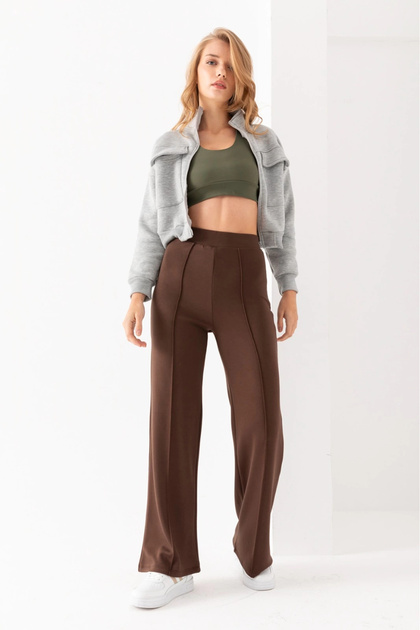Women's Brown Modal Wide-Leg Seam-Detail High-Waisted Soft-Textured Elastic-Waist Stretch Fabric Trousers