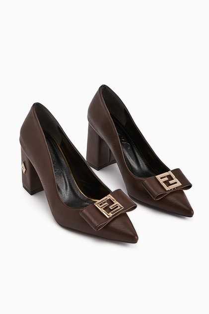 Melly Brown Buckle Thick Heeled Women's Shoes