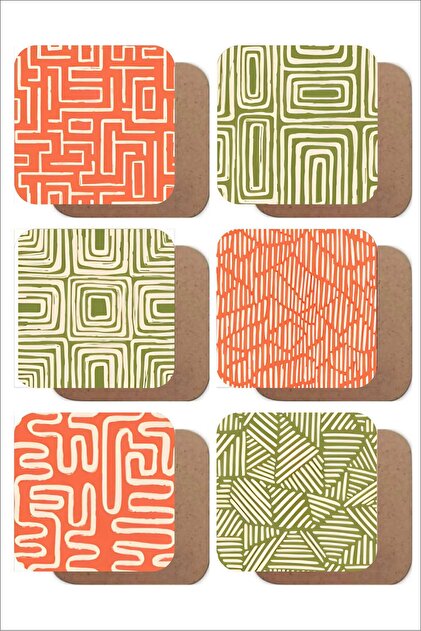 Line Art Themed Set of 6 Wooden Coasters Green/Orange