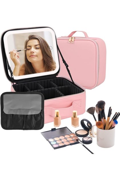 Travel Makeup Bag with LED Lighted Mirror – Portable Cosmetic Organizer with Storage Sections, Pink