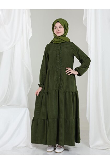 Giyinse Elara Kız Çocuk Kadife Elbise Yeşil - Tesettür Elbise