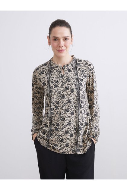 Alita City Lcw with a Difference Grace Beige Floral Oval Neck Long Sleeve Women's Blouse