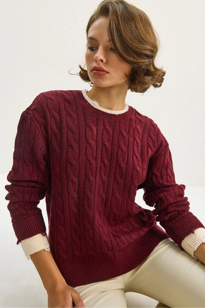 Women's Cherry Crew Neck Hair Braid Patterned Ripped Cuff Detailed Knitwear Sweater Tk251087 60283599