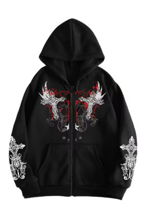 ひろ Touz Moda Gothic Baskılı Oversize Fermuarlı Siyah Unisex Kapüşonlu
