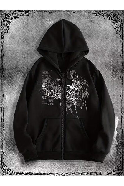 Touz Moda Gothic Design Oversize Fermuarlı Siyah Unisex Kapüşonlu